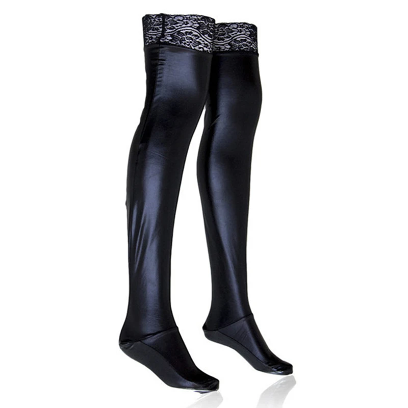 Plus Size Patchwork PU Leather Faux Boots Silicone Hold Up Thigh High Stockings Women Sexy Pole Dance Nightclub Party Hosiery