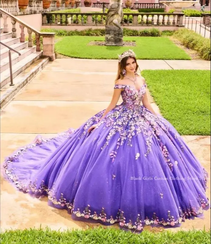 

Фиолетовые Бальные платья принцессы, платья для Quinceanera, пончо на одно плечо с 3D цветочной аппликацией, корсет, соблазнительный шлейф, мексиканское платье 15