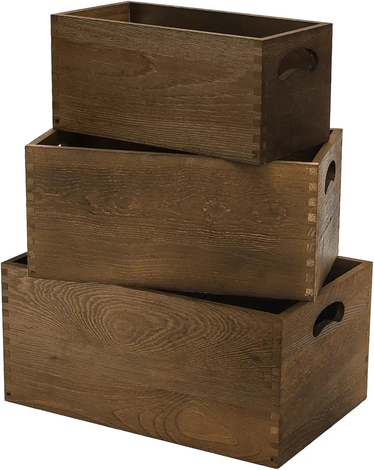 

Set of 3 Nesting Wooden Crates with Handles, Rustic Brown Stackable Storage Boxes for Home Office Shelf