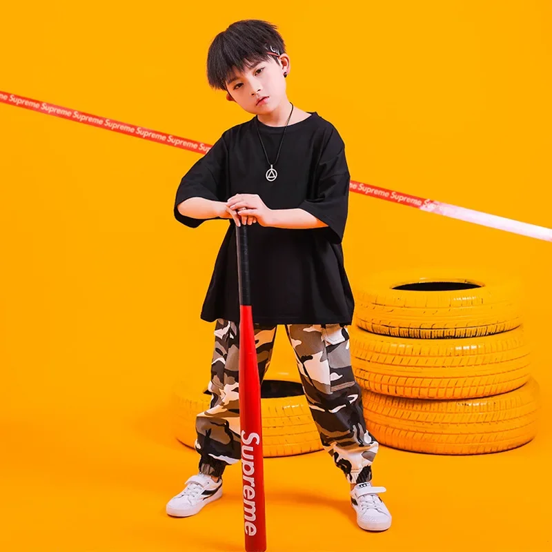 Kinder kurze T-Shirt Tops Tarnung Jogger Hosen Jazz Ballsaal Tanz kleidung tragen schwarze Mädchen Jungen Hip Hop Tanz kostüme