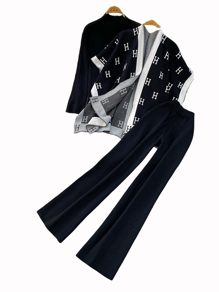 Faionable Knitted Tee-Piece Set Women's Loose Fit Autumn Winter Cardigan Embroidered Letter Sweatirt Wide Leg Pants image 5