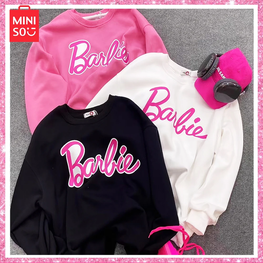 

Miniso Barbie New Street Round Neck Top Beauty High Ponytail Silhouette Letter Print Sweatshirt Women Wear Gift