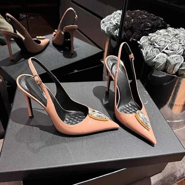 New niche sexy back empty fashion sandals for women, patent leather slim heels, fashionable versatile high heels
