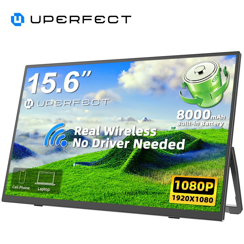 UPERFECT Wireless Portable Monitor 15.6" 60HZ Computer Display With Battery 100% sRGB 1920x1080 Extension Screen for Pc Phone