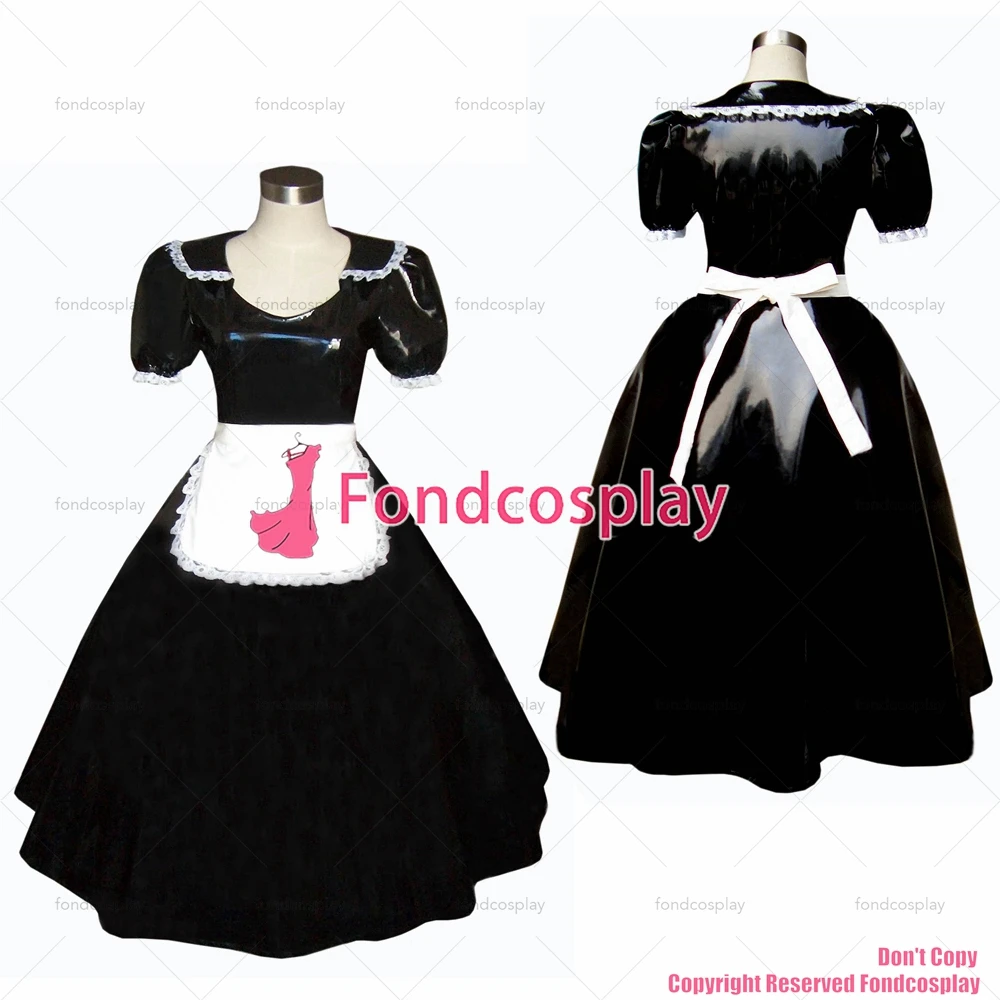 

fondcosplay adult sexy cross dressing sissy maid long Gothic Lolita Punk Black heavy Pvc Dress white apron CD/TV[G304]