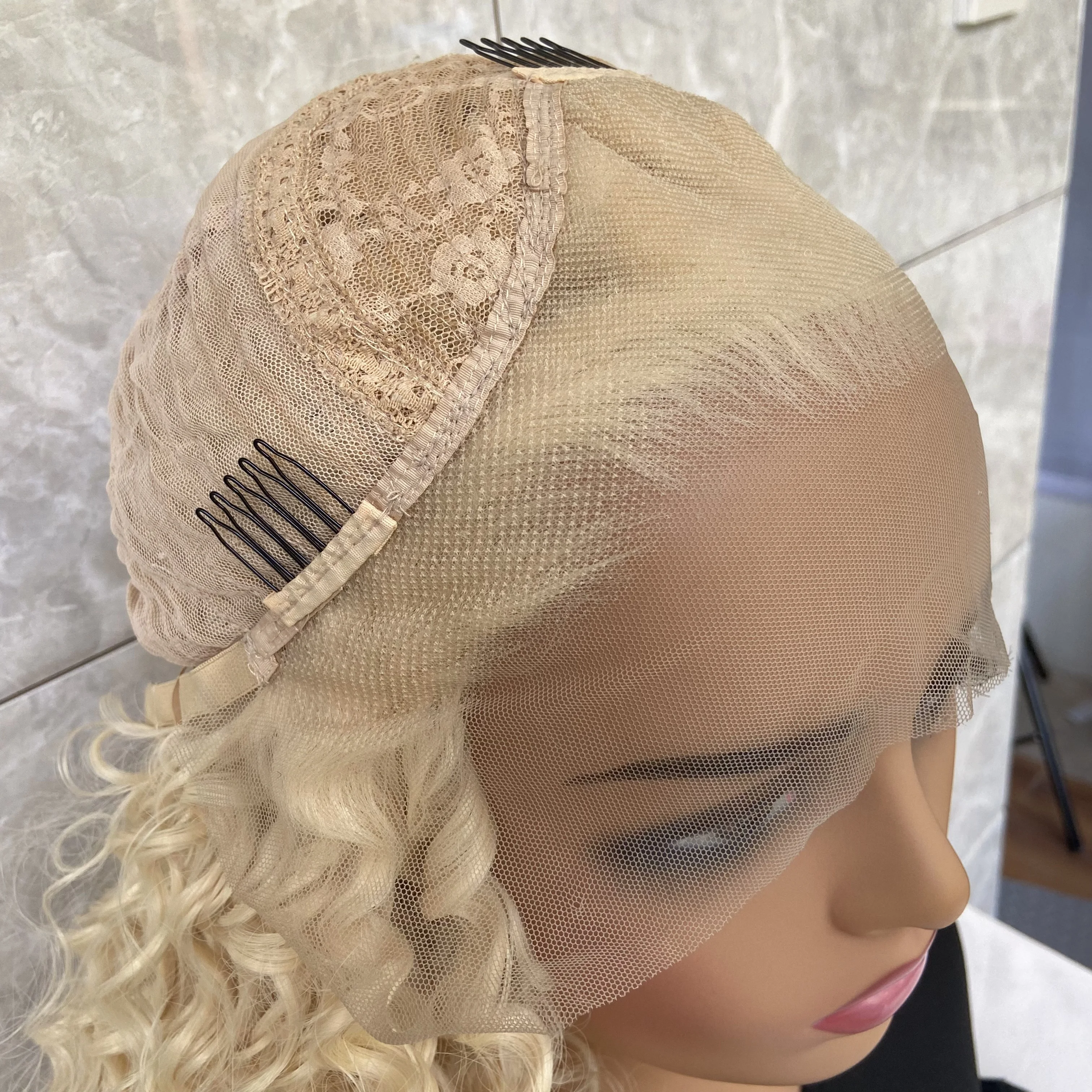 Fashiomag-Long Kinky Curly Blonde Full Lace Front Wig para Mulheres, Cabelo Humano Natural, Blend Heat Ok Wigs, Uso Diário, #613