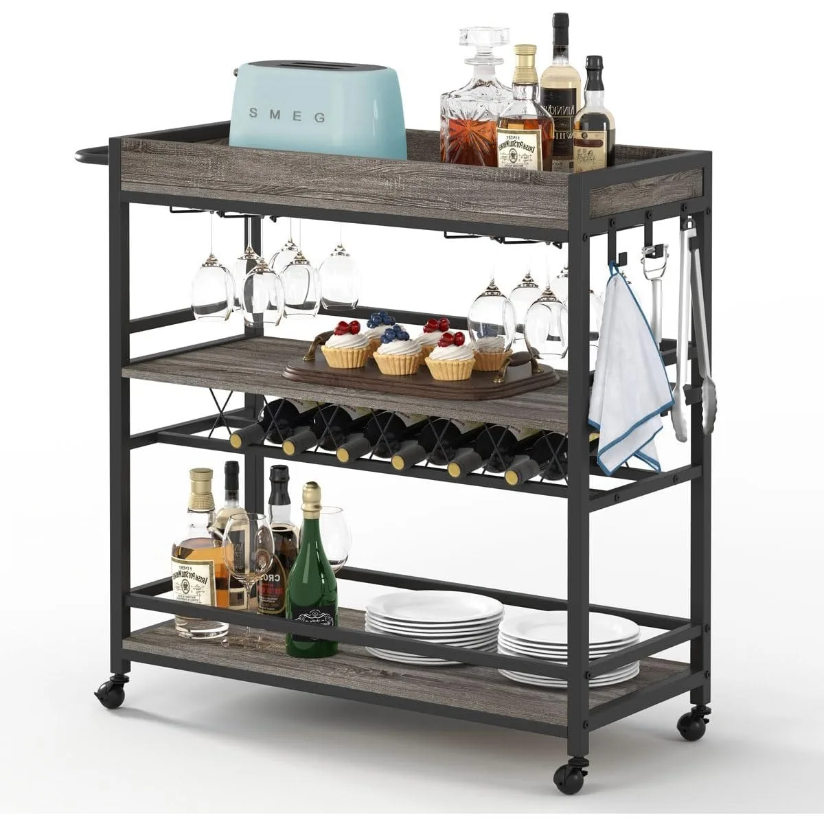 

BON AUGURE Bar Cart Home Serving Cart on Wheels Mobile 3 Tier Liquor Beverage Cart with Wine Rack and Glass Holder Grey Oak