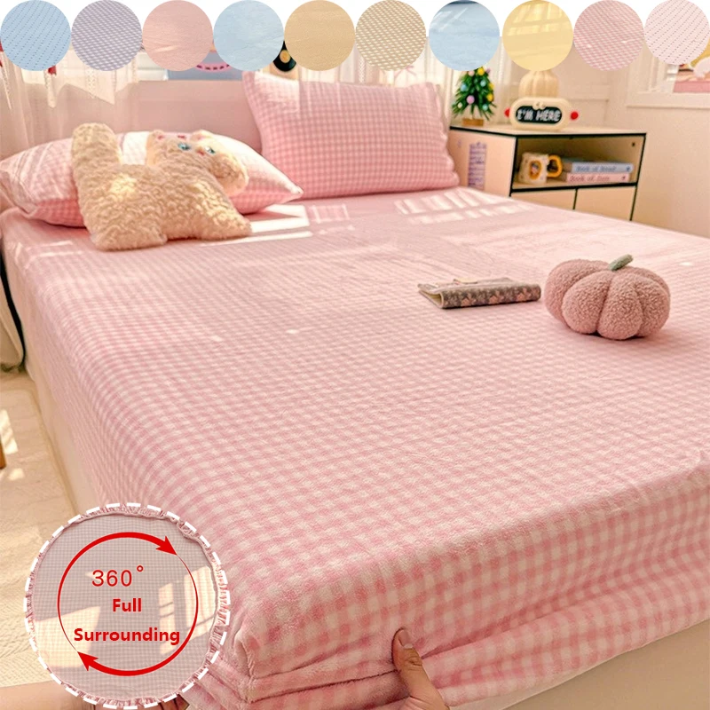 

1pc Warm Milk Velvet Bed Sheet 360 ° Full Package Solid Color Thickened Warm Anti Slip Mattress Protective Cover Multiple Sizes
