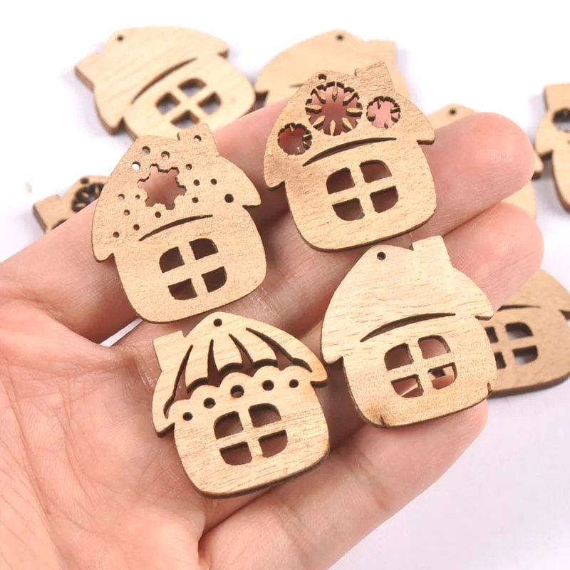 Bear Flower House Natural Wooden Chips Scrapbooking Carft for Home Decoration Diy Embellishments cp3362