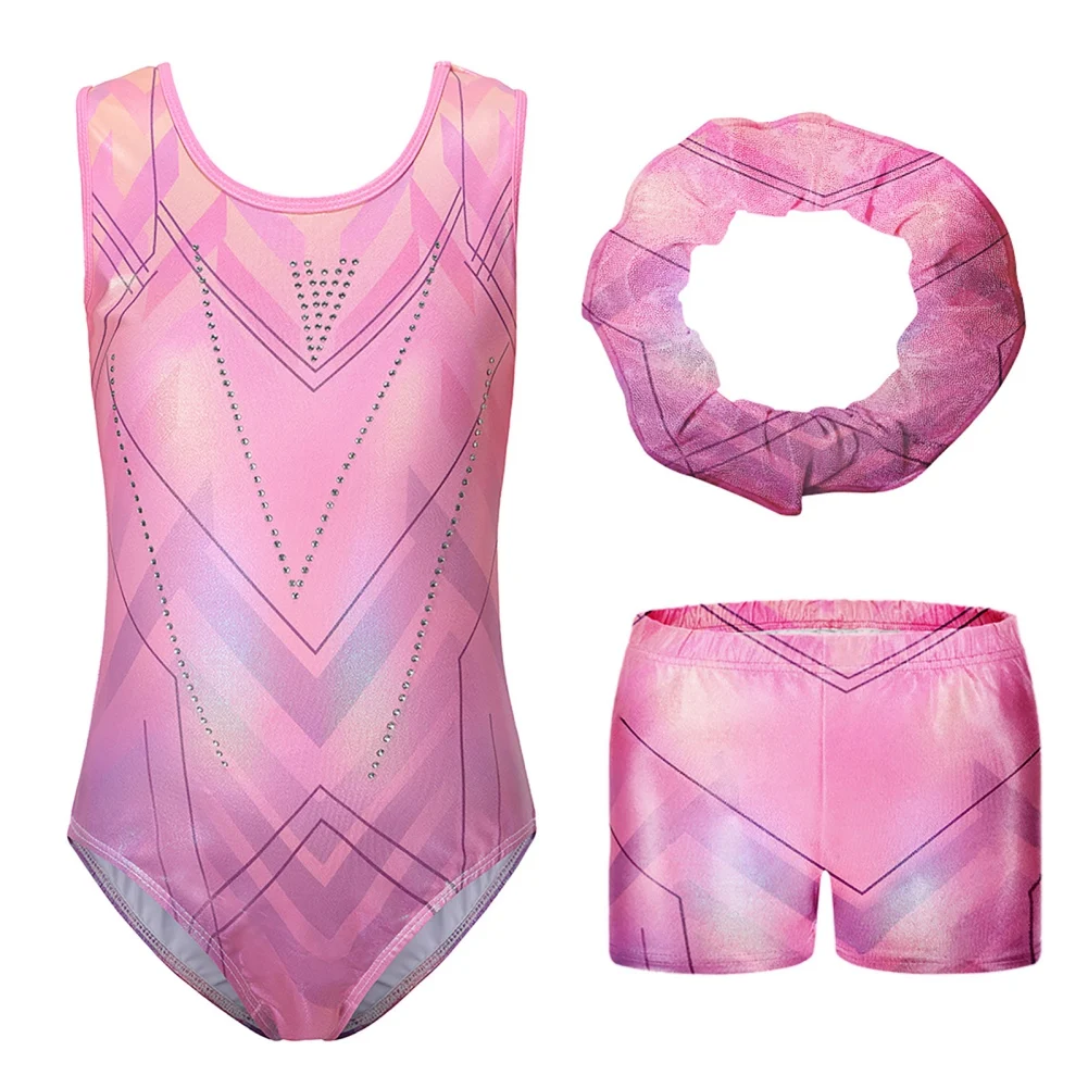 

5-14 Years Children Girls Sleeveless Ballet Leotard with Shorts Headband Set Kids Gymnastics Bodysuit Dancewear Stage Costume