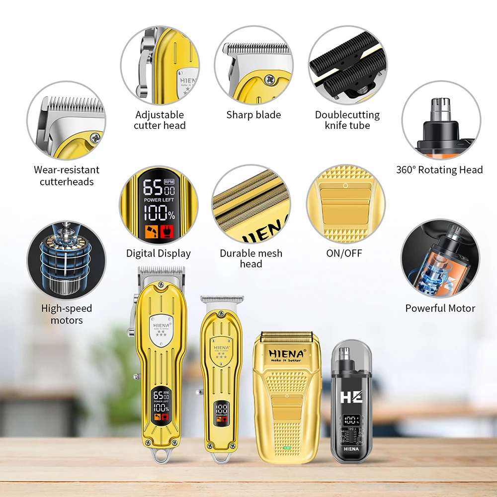 HIENA 4pcs Hair Clippers Set for Men Professional Barber Kit for Hair Cutting Cordless Rechargeable Clippers and Trimmers Set Hair Cutting Kit with LED Display USB, Gifts for Men