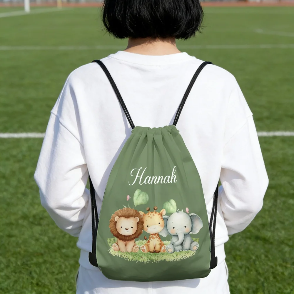 Personalized Jungle Animal Drawstring Backpack Custom Name Lion Elephant Polyester Sackpack for Kids Kindergarten Birthday Gift