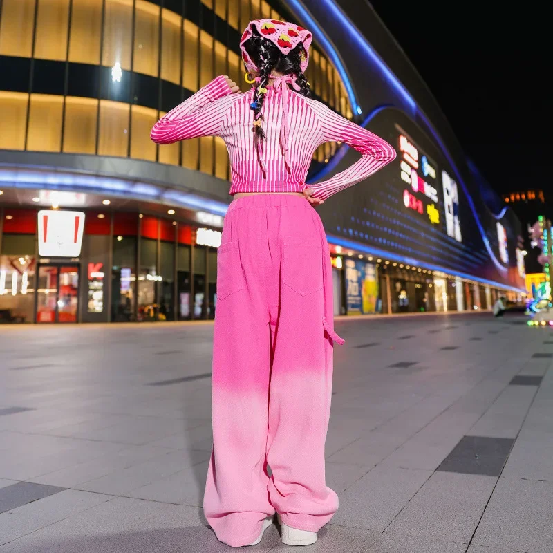 Neue Mädchen rosa Jazz Tanz Kostüm gestreifte Tops Baggy Pants Hip Hop Kinder Performance Anzug Rave Outfit Teenager Street Dance wear