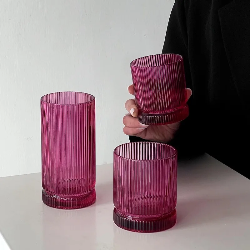 Creative Rose Striped Juice Cup Household Water Glasses Cup Vertical Striped Milk Coffee Cups Thick Bottom Whiskey Cups