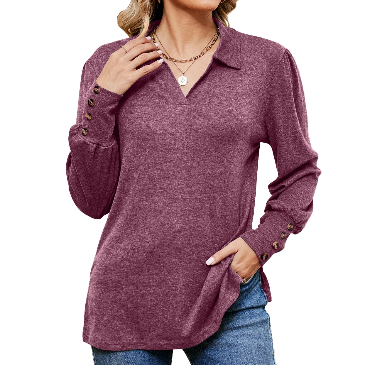 

Women's Long Sleeve T Shirt, Tops for Autumn, Lapel Neck, Solid