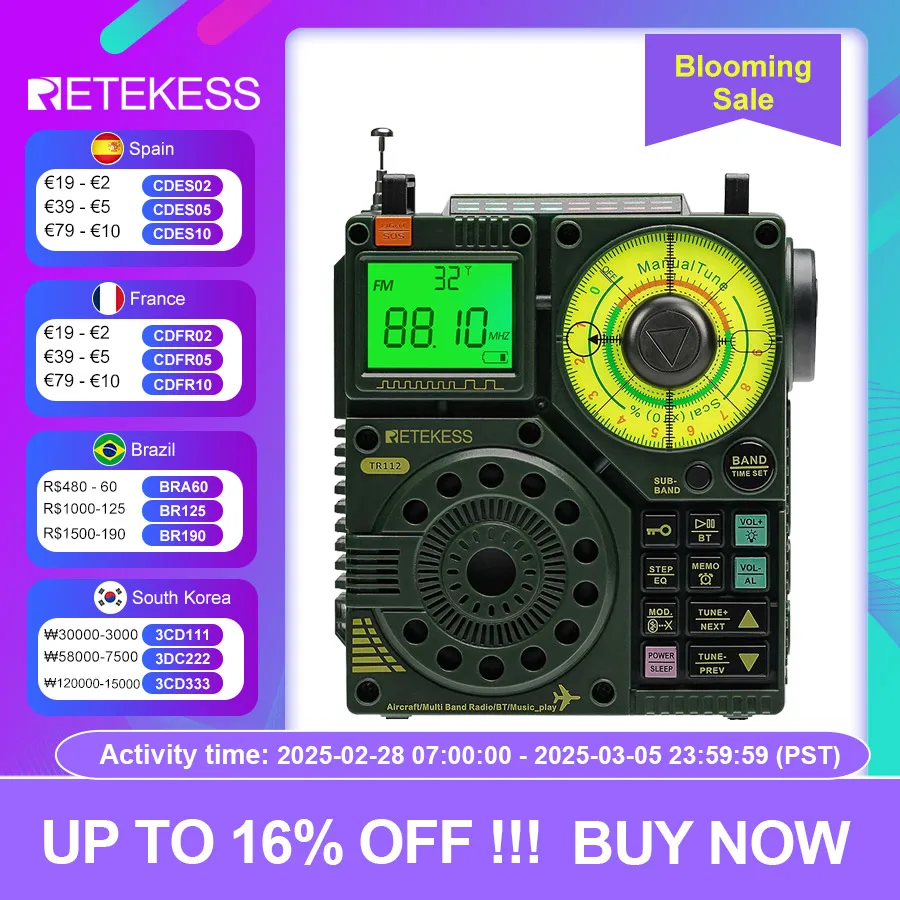 Retekess TR112 휴대용미니라디오,블루투스 라디오,MW SW VHF WB AIR 멀티 밴드단파라디오, 비상 아마추어 라디오 ,TF 카드 AUX인터페이스