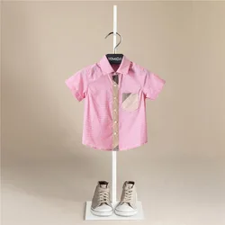 Kid Girls Blouse Summer Stripe Short Sleeve Cotton Shirts Turn-down Collar Baby Boys Toddler Tops Children's Clothing  Pink