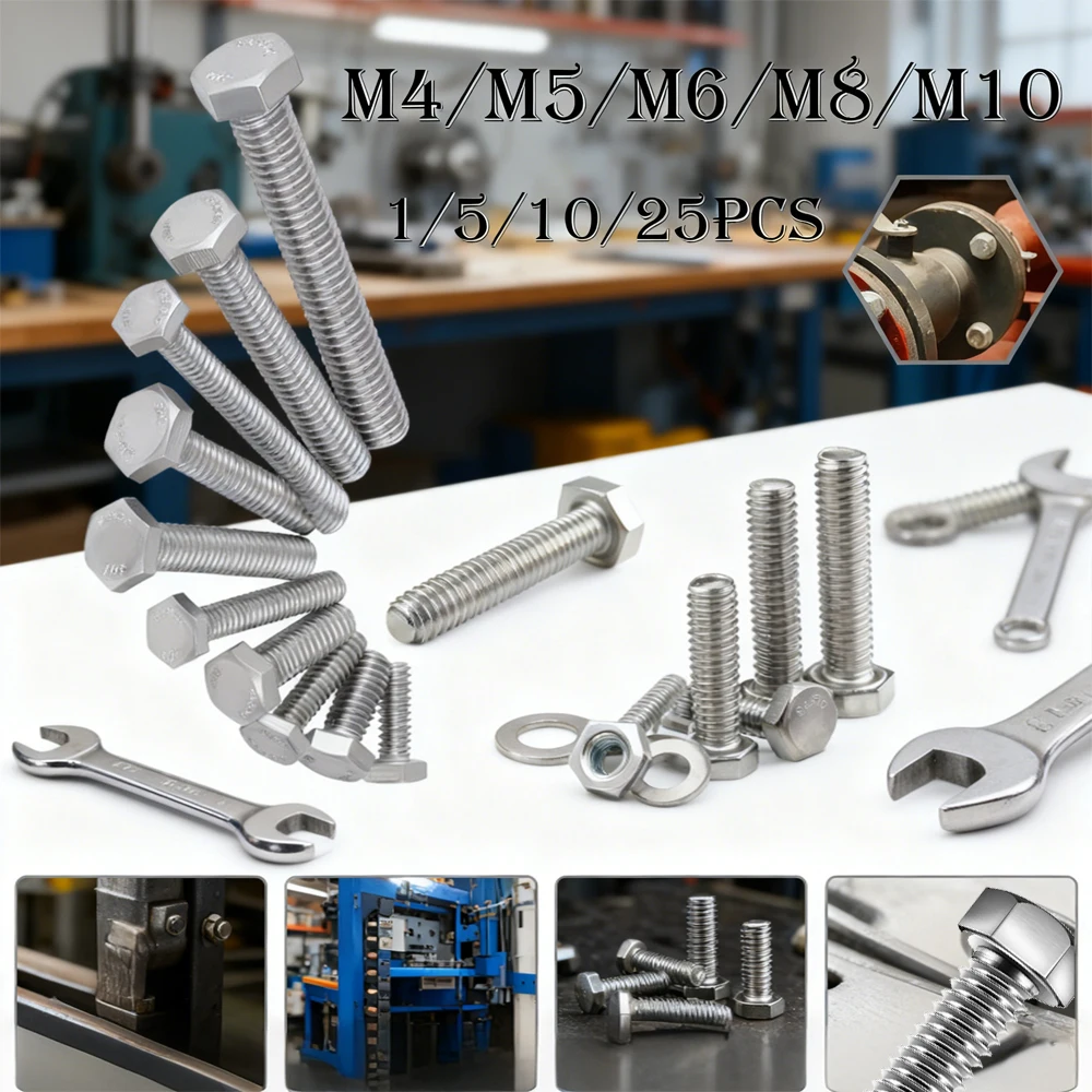 

1/5/10/25pcs 304 Stainlesss Steel External Hex Hexagon Head Screws M4 M5 M6 M8 M10 Full Threaded Outer Hexagon Head Bolts