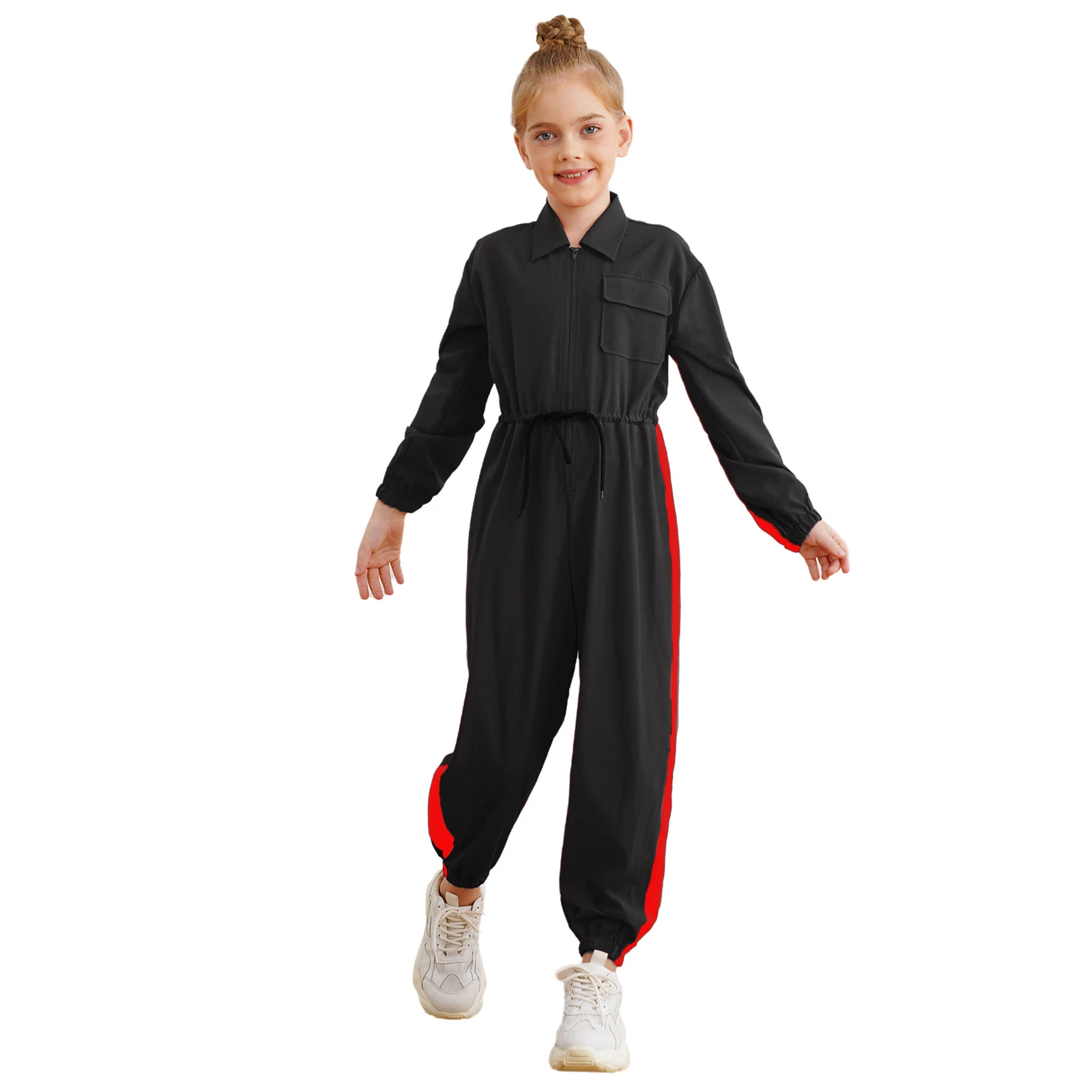 Kids Girls Jumpsuits Spring Fall Fashion Color Block Turn-Down Collar Long Sleeve Zipper Drawstring Waist Rompers Casual Clothes