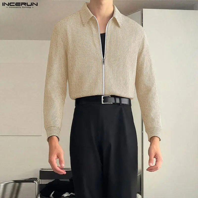 INCERUN الرجال قميص مخطط التلبيب سحاب أكمام طويلة عادية المحاصيل القمم الرجال الشارع الشهير فضفاض الكورية نمط موضة الرجال الملابس S-3XL