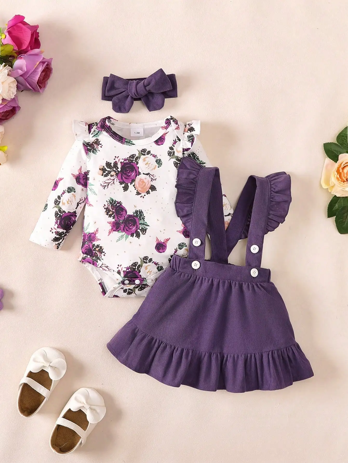 Baby Girl's Spring and Autumn Floral Three-Piece Set, Long-Sleeved Printed Romper Paired with a Purple Ruffled Suspender Skirt, Comes with a Matching Color Bow Headband, Suitable for Newborns' Daily Outings, Birthday Photoshoots, and Home Wear, Cute Baby Girl Outfit.