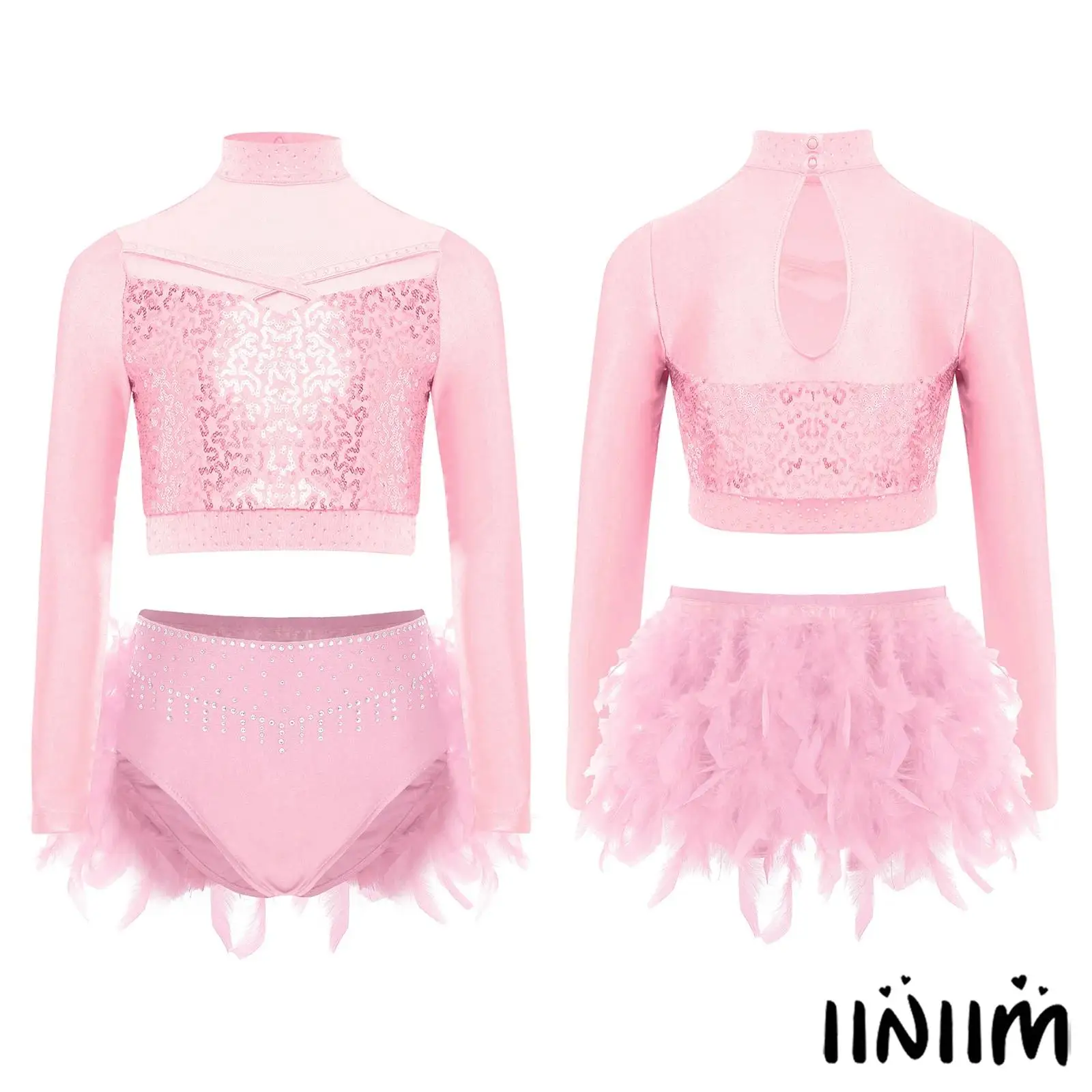 

Child Latin Tango Dance Performance Costume Girls Long Sleeve Sheer Mesh Shiny Sequins Crop Top with Rhinestones Feather Bottoms