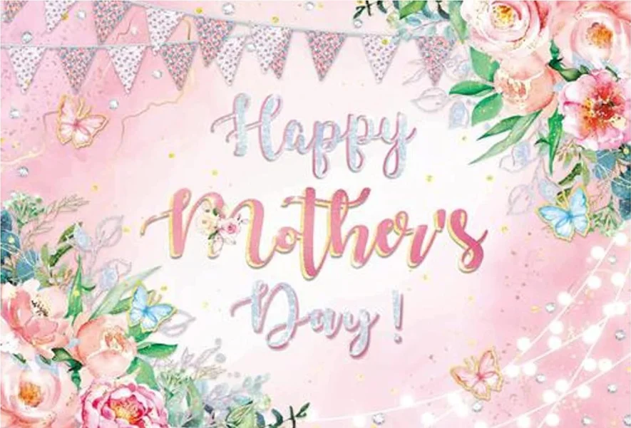 Happy Mother's Day Backdrop Pink Floral Butterfly Photography Background for Women Thanks Mama Party Decorations Love Mom