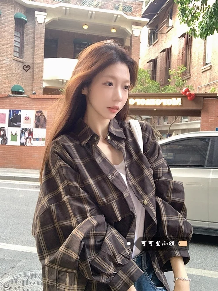 

Sun Protection Thin Long Sleeve Shirt Autumn New Plaid Loose Cardigan Top Women's Fashionable Commute Style Collar Butto...