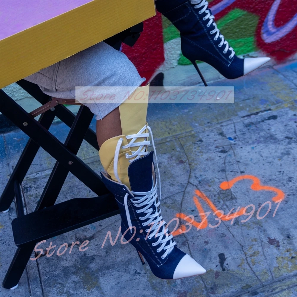 

Желтые, темно-синие сапоги до колена с цветными блоками, женские модные джинсовые сапоги на шпильке с острым носком на шнуровке, женские острые сапоги в уличном стиле