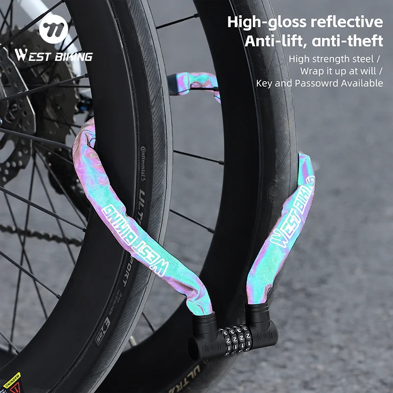 

WEST BIKING Reflective Bike Chain Lock with 4-Digit Password/Key Options Heavy-Duty Anti-Theft Steel Chain for Scooter E-Bike