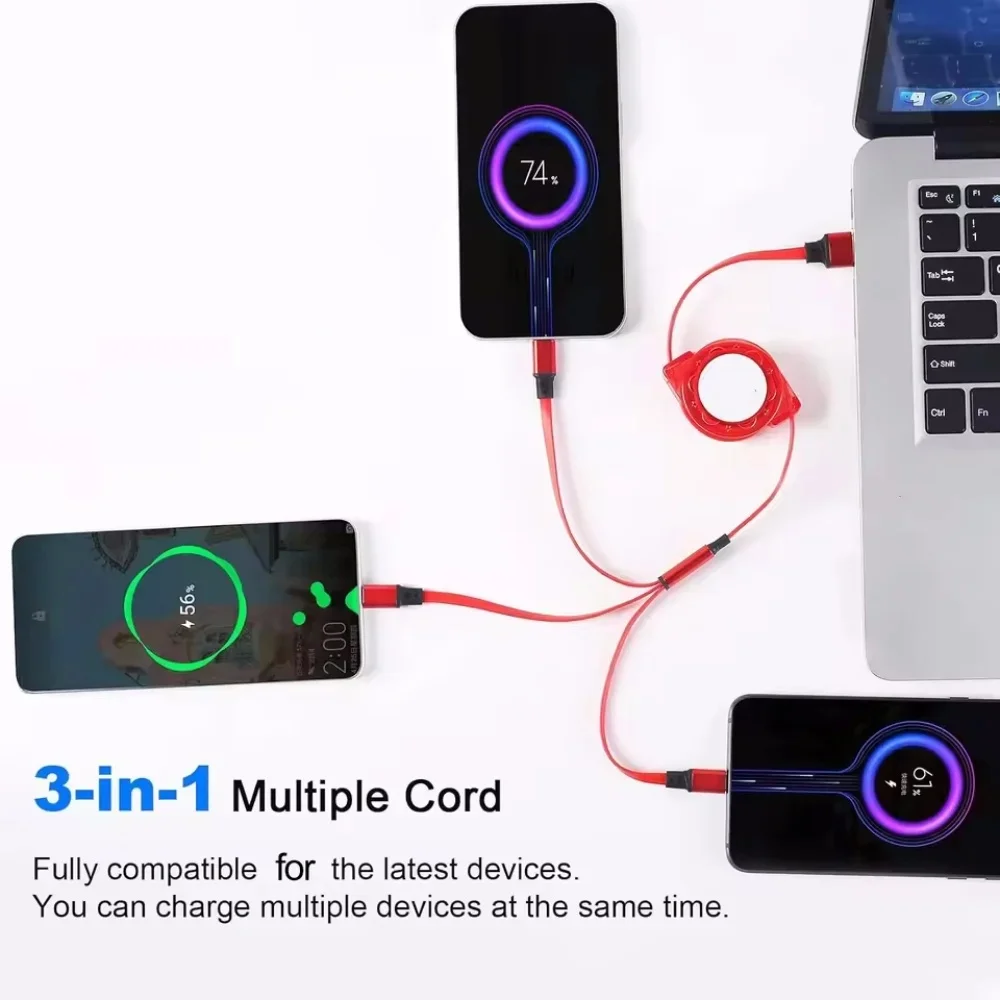 Protable 3 in 1 USB Charge Cable Type C Micro USB Fast Charging Cable For iPhone 14 Xiaomi 1M Extendable Quick Charge Cable Cord