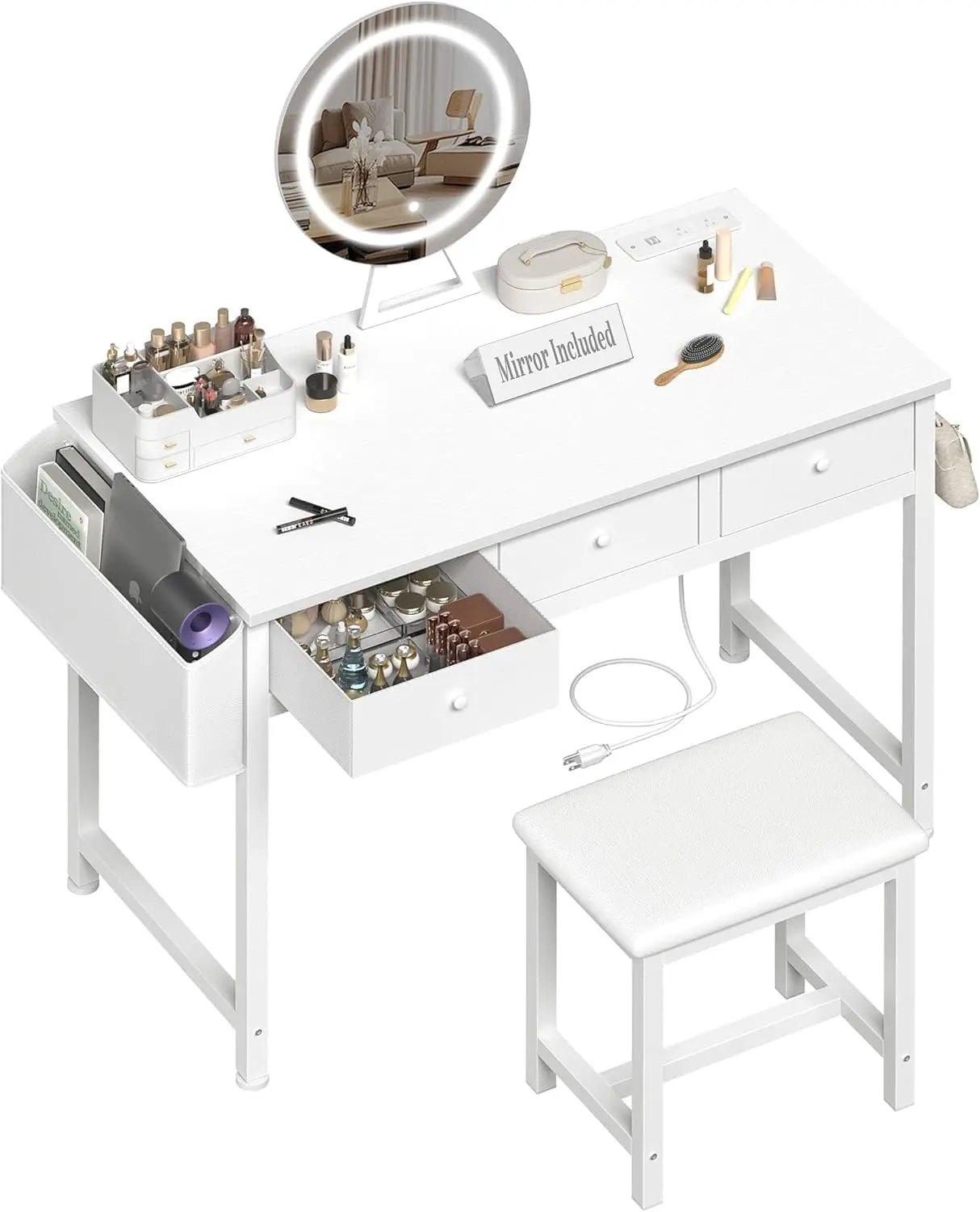 

Girls Vanity Desk with Mirror and Lights Small Makeup Vanitys Set with Chair Fabric Drawers Power Outlet,Dressing Table Vanities