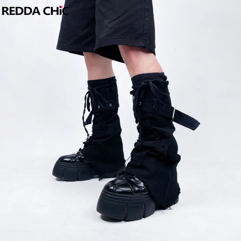 

ReddaChic Men Bandage Belt Denim Leg Warmers Retro Black Cross Stitch Raw Edge Ruched Boots Covers Cyberpunk Y2k Knee-long Socks