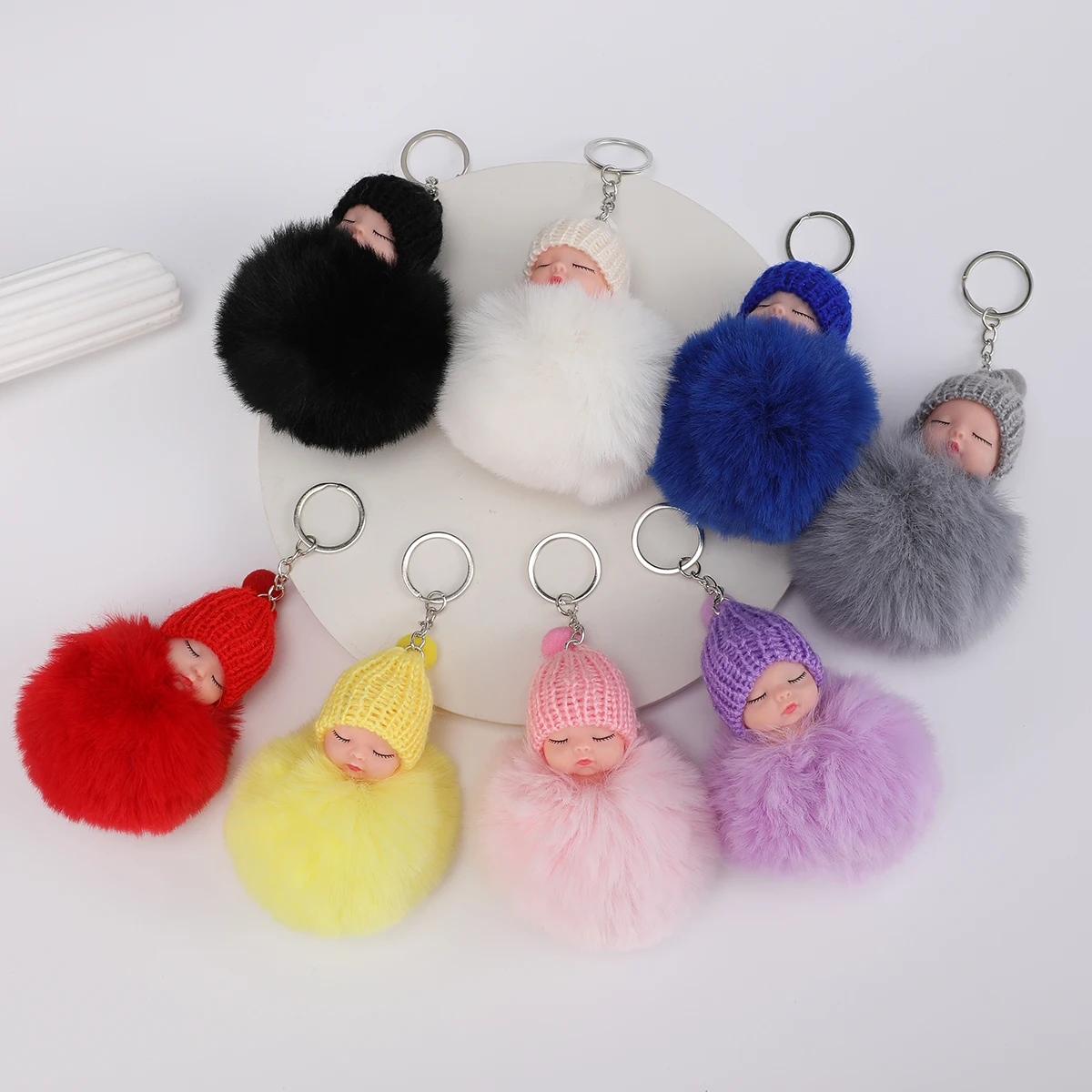 8pcs Sleeping Doll Fur Ball key Chain Men And Women Fashion Mobile Phone Car plush Doll Bag Accessories Pendant, Holiday Gift