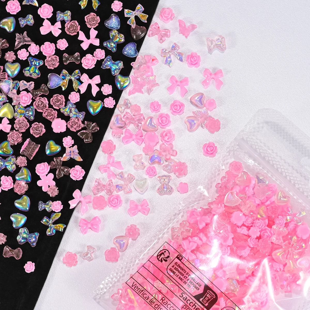 600Pcs/bag Kawaii Pink Resin Bow Mixed Nails Charm 3D  Acrylic Heart/Bow-knot/Star/Butterfly Cute Huge Capacity Nail Art Decorat