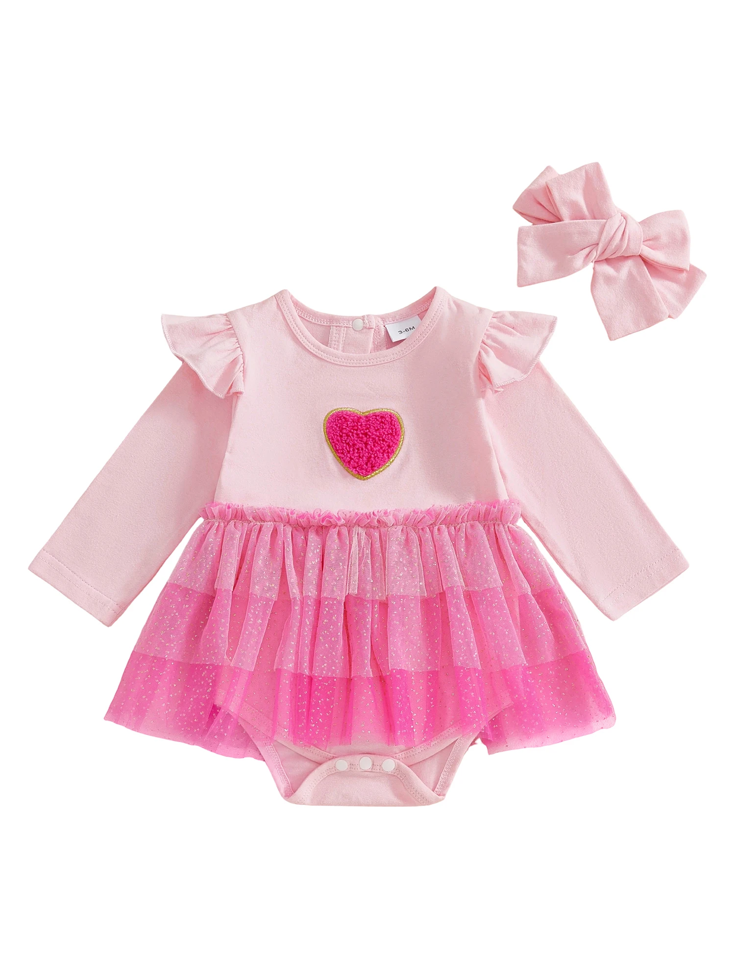 

Весенняя одежда для маленьких девочек, комбинезон с длинными рукавами и повязкой на голову с вышивкой в виде сердца и оборками, комплект из 2 предметов