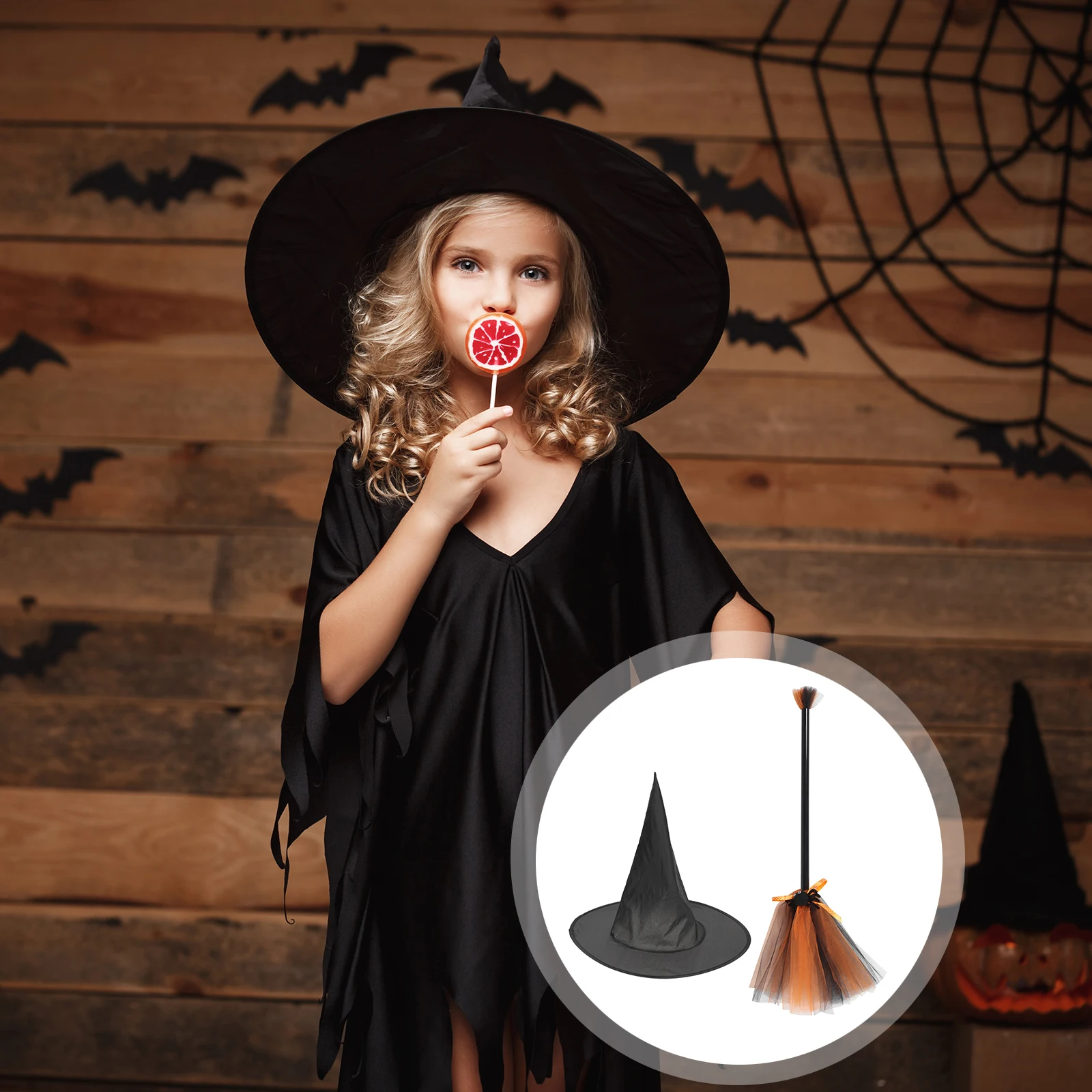 

Hat Broom Set Witch Halloween Hats for Women Orange Oxford Cloth Girls Costume Child