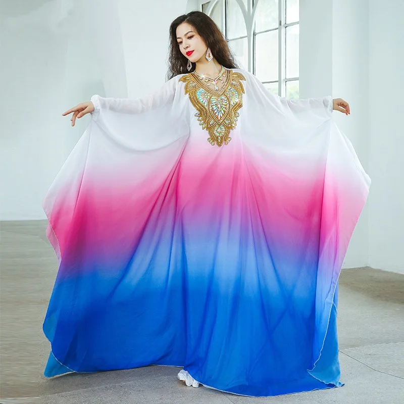 Ropa de rendimiento de danza del vientre para mujer, bata de danza del vientre, vestido de columpio de pelo, ropa de Baile Oriental, vestido degradado