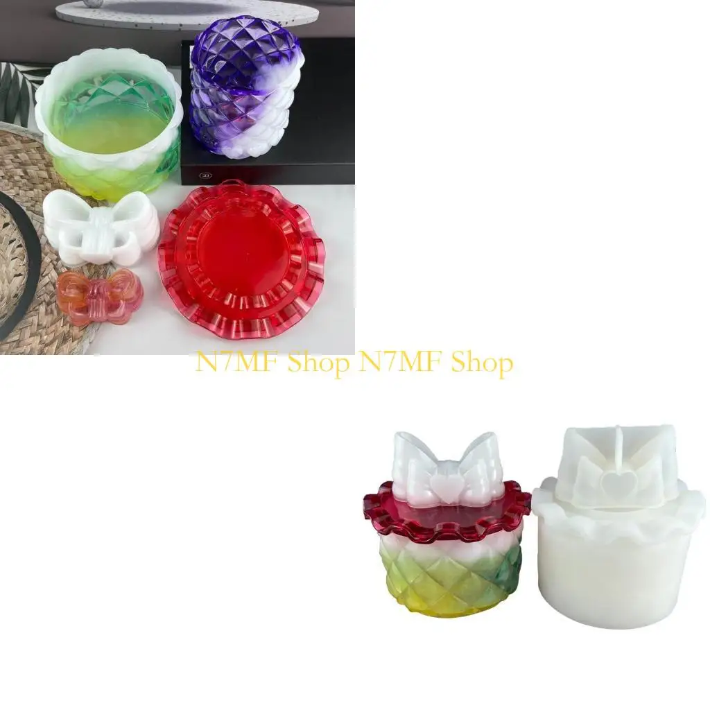 

N7MF Resin Jar Mold with Lid Bowknot Storage Box Silicone Mold Candy Container