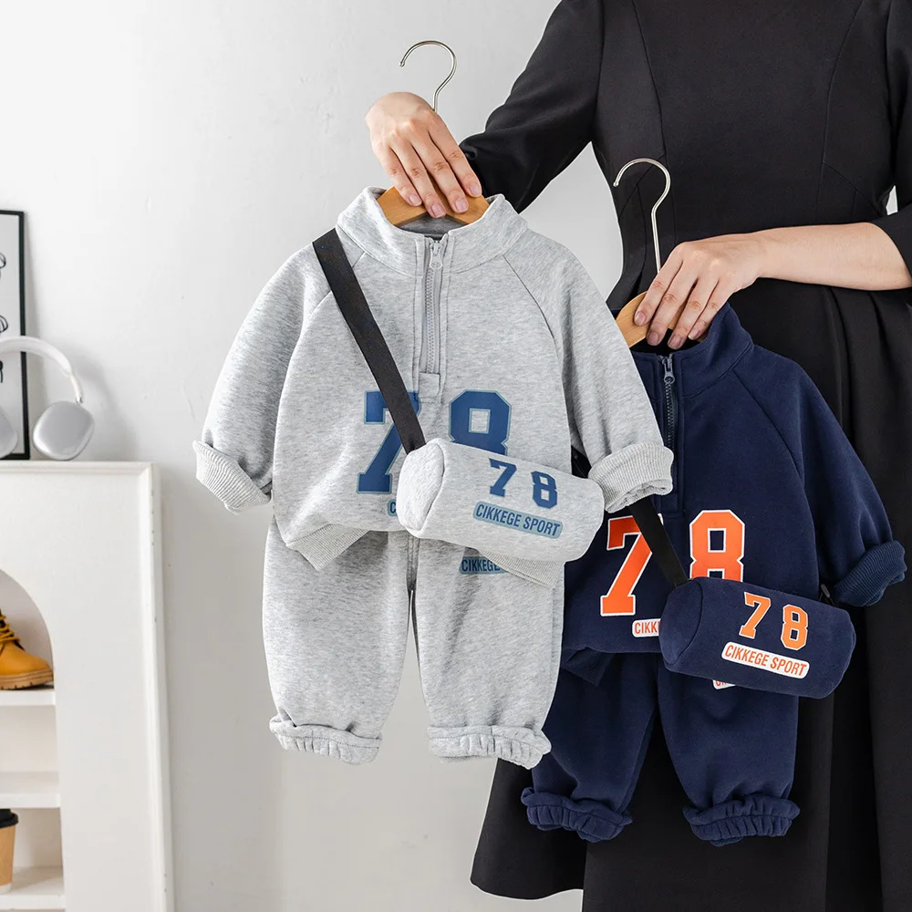 

Winter Warm Baby Boys Cotton Fleece Lined Half Zip Sweatshirt+Sweatpant+Backpack Set Kids 3PCS Tracksuit Children Outfit 1-6 Yr