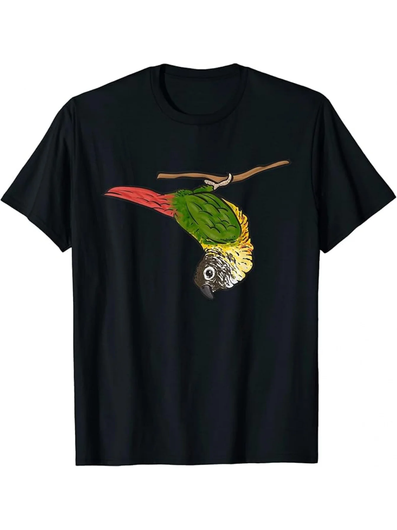 

Men's Black Green Cheek Conure Parrot Graphic T Shirt 180g 100 Cotton Crew Neck Short Sleeve Tee with Vibrant Cartoon Bird