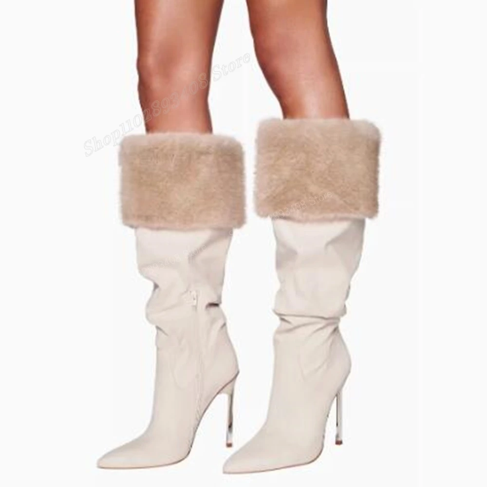 

Beige Suede Fur Decor Knee High Boots Pointed Toe Stiletto High Heel Side Zipper Women Shoes 2024 Fashion Zapatos Para Mujere