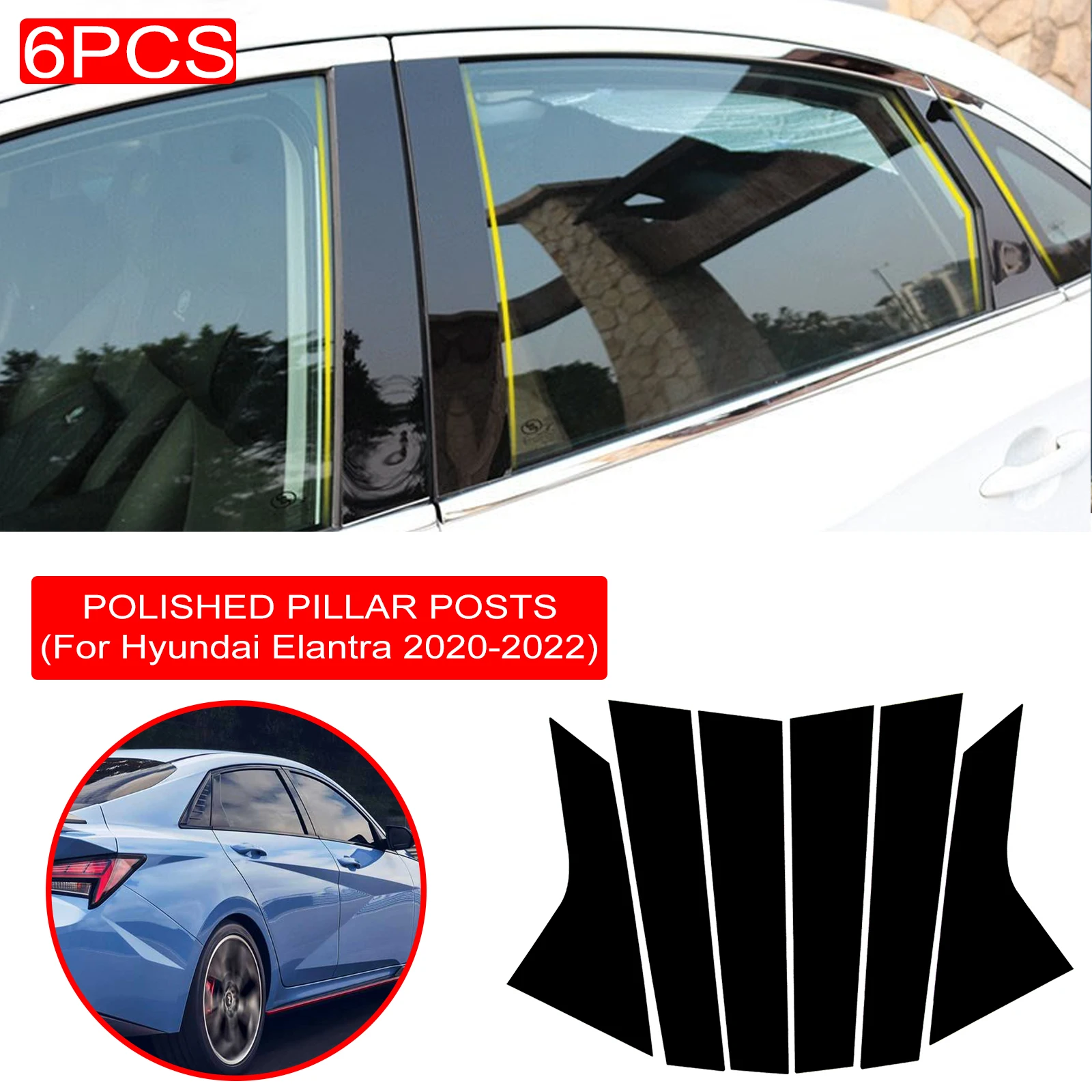 6PCS Polished Pillar Posts For Hyundai Elantra 2020 2021 2022 Car Window Trim Cover BC Column Sticker Car Accessories