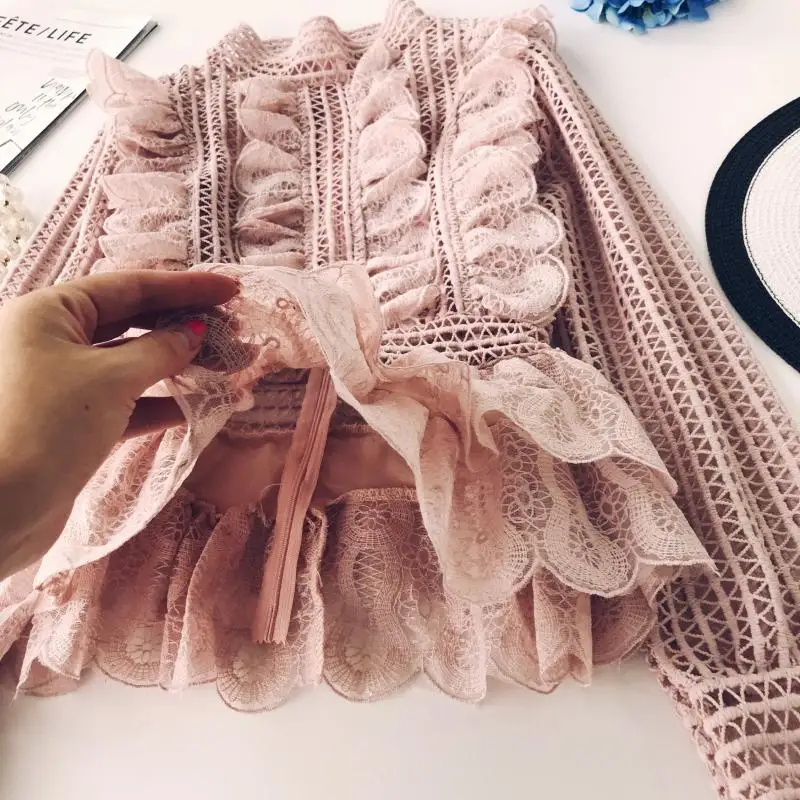 Sweet Hollow Lace Ruffled Shirts Stand Collar Spliced Lace Pleated Blouses 3D Lotus Decor Multi-Layers Long Sleeved OL Tops