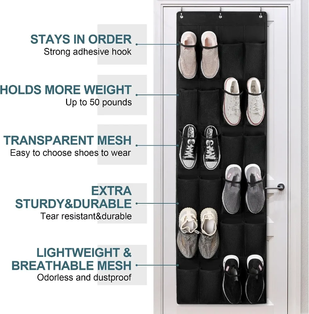 24-Pocket Over Door Shoe Organizer with Hooks, Heavy Duty Hanging Storage for Closet, Entryway, and More view 5