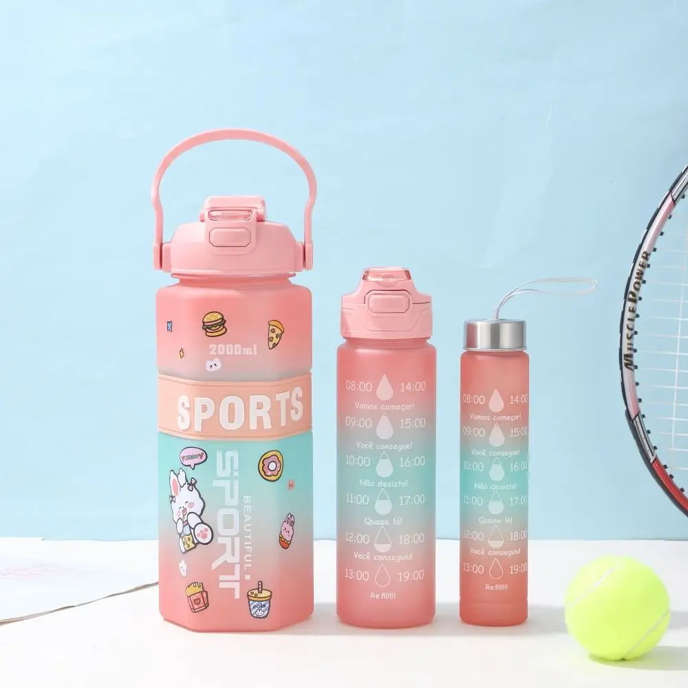 Three Piece Set Sports Water Bottle Set Hexagon Cartoon Stickers Leak Proof Colorful Cup with Straw Frosted