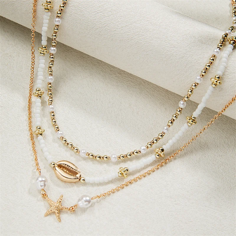 

Bohemian Beach Rice Beads Imitation Shell Starfish Pendant Multi-layer Necklaces for Women Summer Holiday Jewelry Accessories