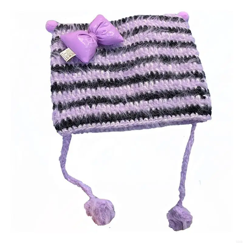 보라색 줄무늬 비니 소녀 Y2K 모자 니트 모자 두꺼운 손으로 짠 모자 스트리트 Y08E
