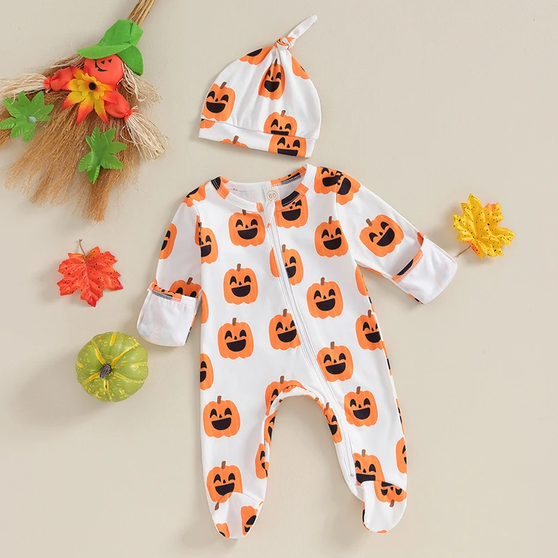 

Baby Girls Boys Footies Rompers Halloween Clothes Pumpkin Ghost Print Crew Neck Long Sleeve Toddler Fall Bodysuits with Hat