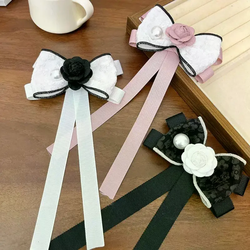 Camellia Flower Brooch Pins For Women Fabric Bow Tie JK College Style Shirt Collar Pin Elegant Jewelry Accessories